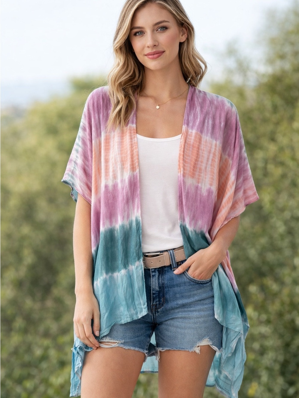 Natural Reflections Teal & Pink Tie-Dye Draped Kimono